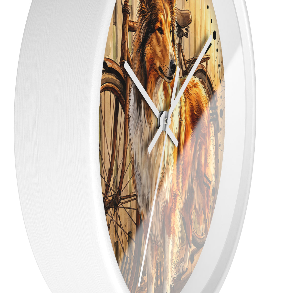 A round wall clock with a white frame and a printed face showing a detailed illustration of a collie dog in front of a bicycle, photographed against a plain white background.