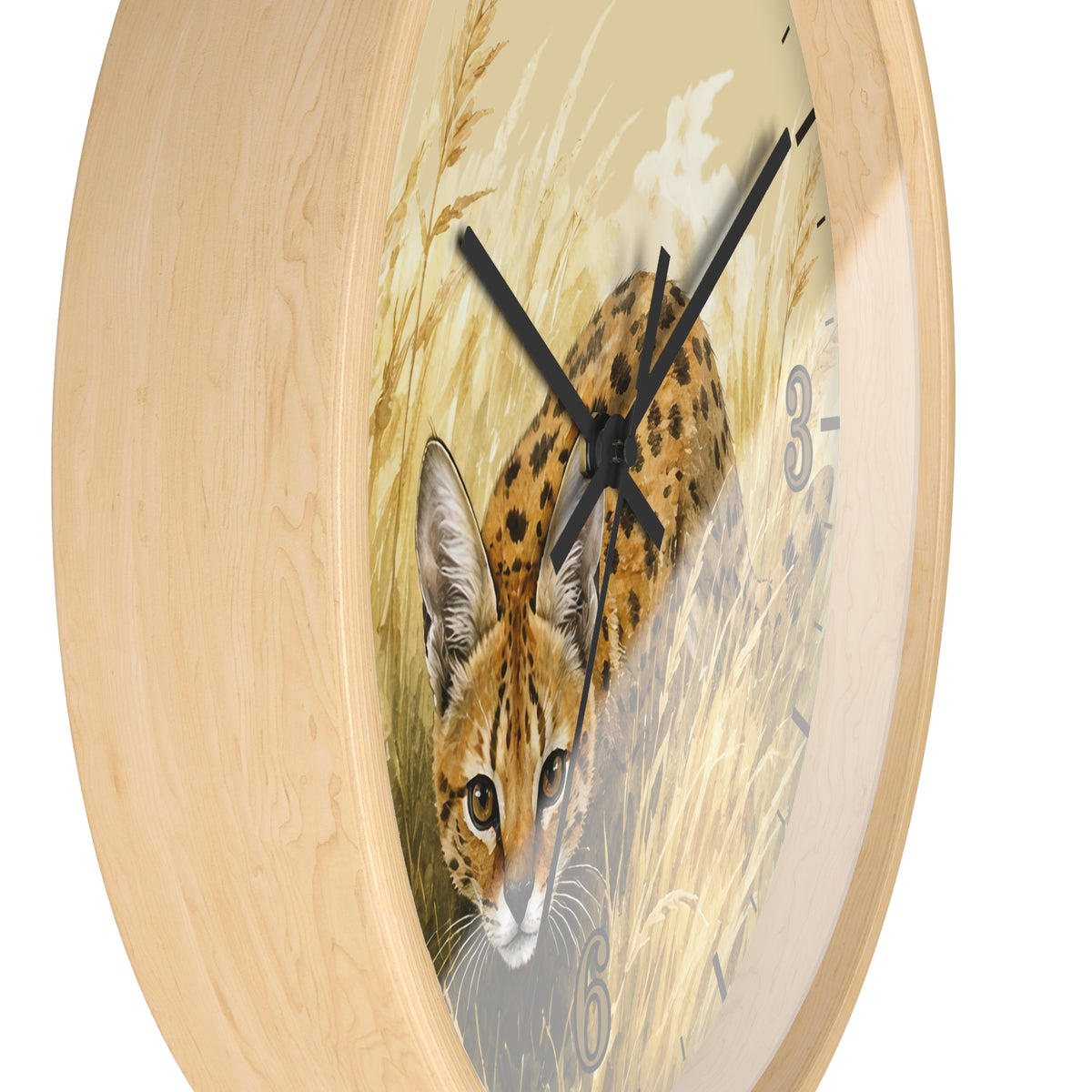 Round wall clock with a light natural wood frame and a printed safari scene featuring a spotted big cat in tall grass. The clock has black hands and partial black numerals visible on the right side, shown against a plain white background.