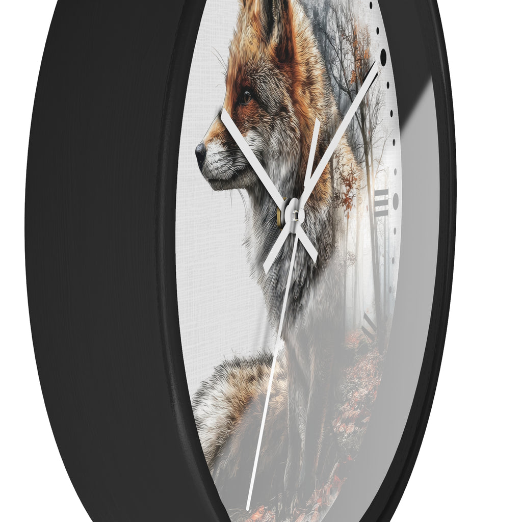 Round wall clock with a black frame and a printed fox portrait on the face, shown against a plain white background.