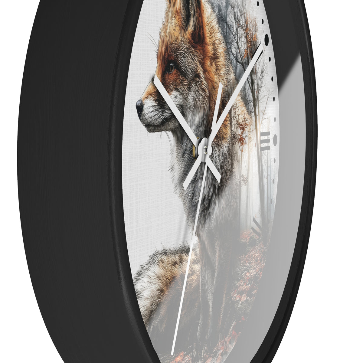 Round wall clock with a black frame and a printed fox portrait on the face, shown against a plain white background.