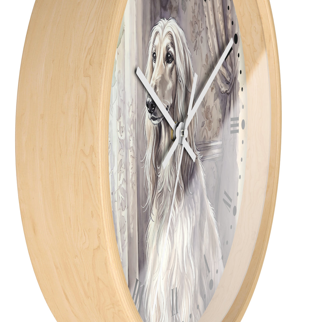Round wall clock with a light natural wood frame and a printed illustration of a long-haired white and gray dog on the face, shown against a plain white background.