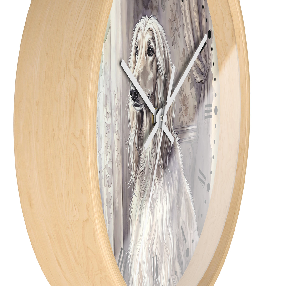 Round wall clock with a light natural wood frame and a printed illustration of a long-haired white and gray dog on the face, shown against a plain white background.