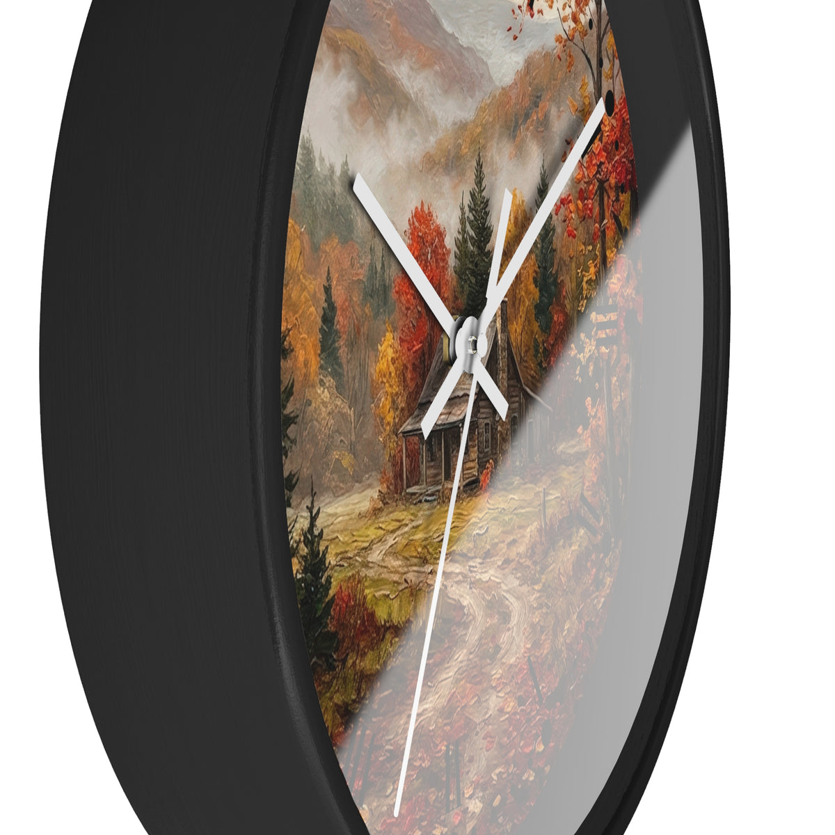 Rustic Autumn Cabin Landscape Wall Clock