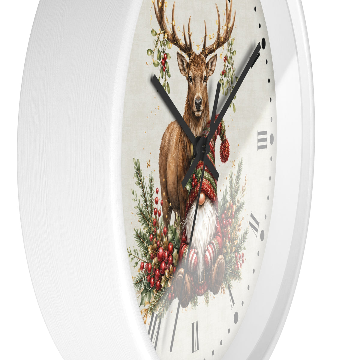 A round white wall clock with a festive printed design featuring a brown deer, green foliage, red berries, and a gnome on the clock face.