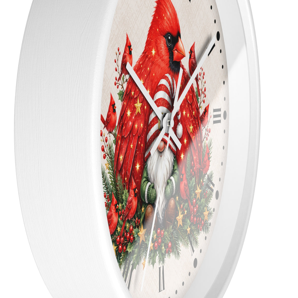 A round white wall clock featuring a festive Christmas design with red cardinals, a white-bearded gnome in a striped sweater, evergreen branches, and gold stars on the face.