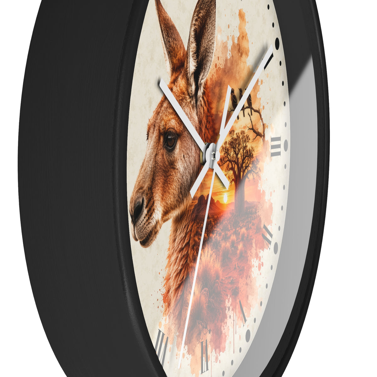 A round wall clock with a black frame and a white dial featuring a large kangaroo illustration blended with warm orange and brown sunset tones, shown against a plain white background.