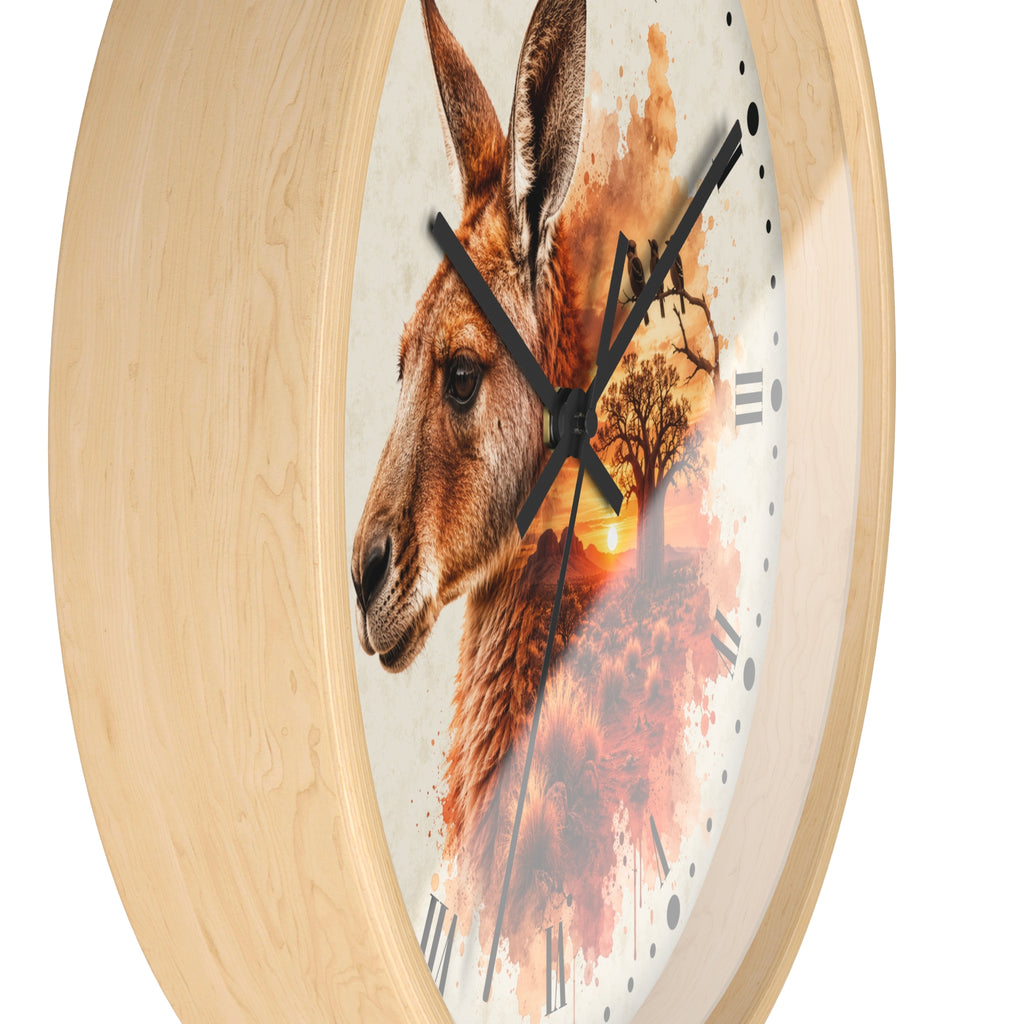 Round wall clock with a light natural wood frame and a printed face featuring a kangaroo portrait blended with an autumn tree and sunset scene.