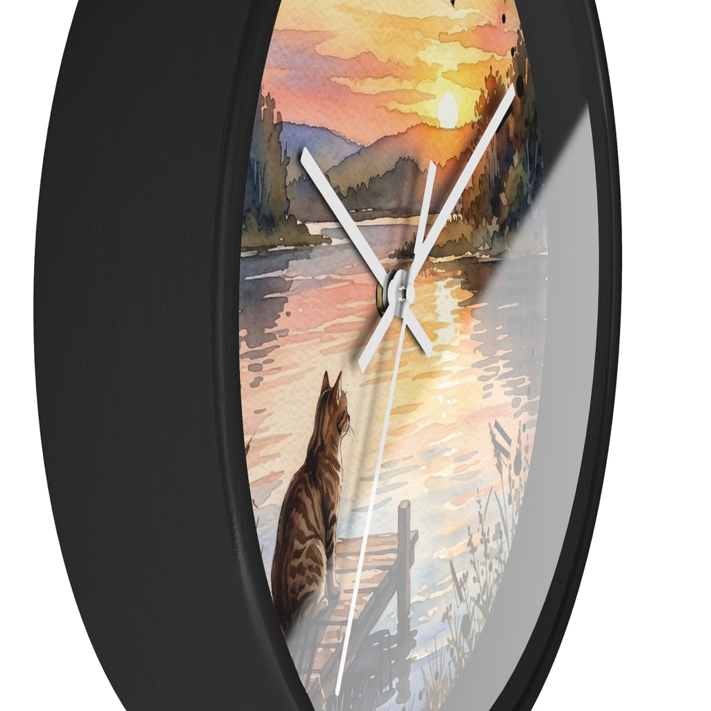 Sunset Lake Tabby Cat Wall Clock — Cat Lover Gift