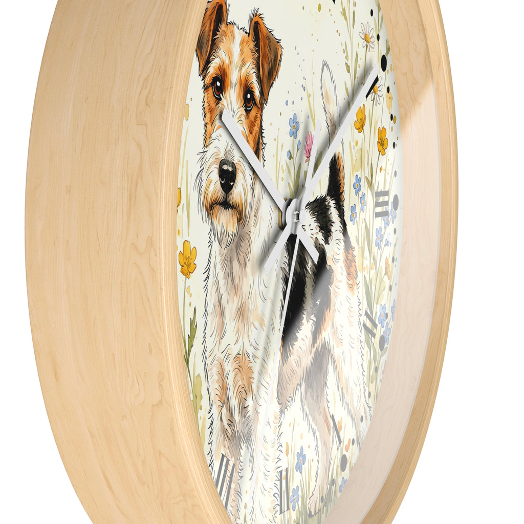Round wall clock with a light natural wood frame and a printed illustration of a wirehaired dog in a floral field on the dial.