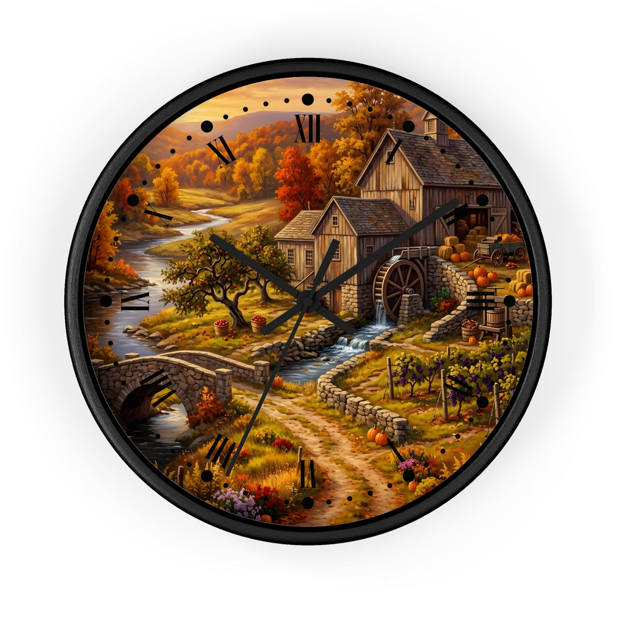 Round wall clock with a black frame and a scenic autumn landscape print featuring a watermill, bridge, stream, vineyard, and fall foliage, shown on a plain white background.