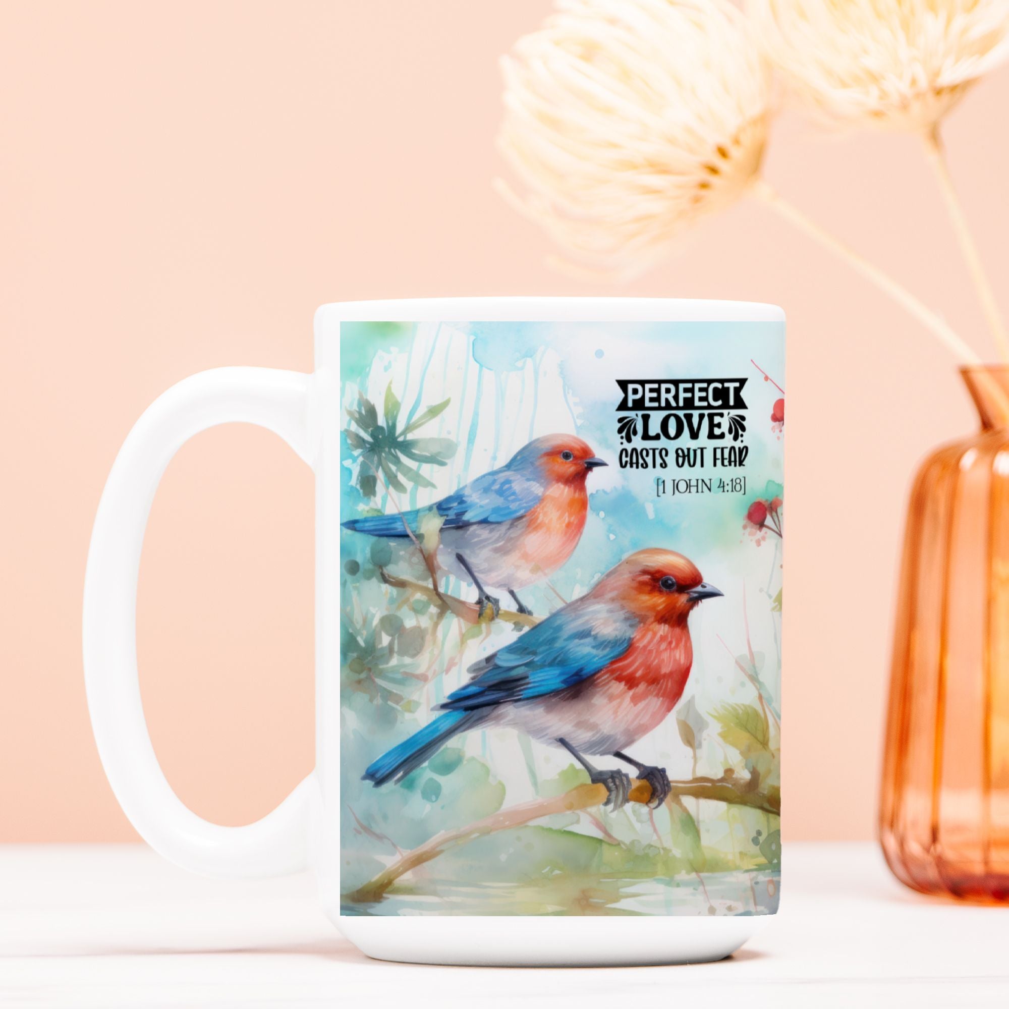 Mug with bird design and text on a light background