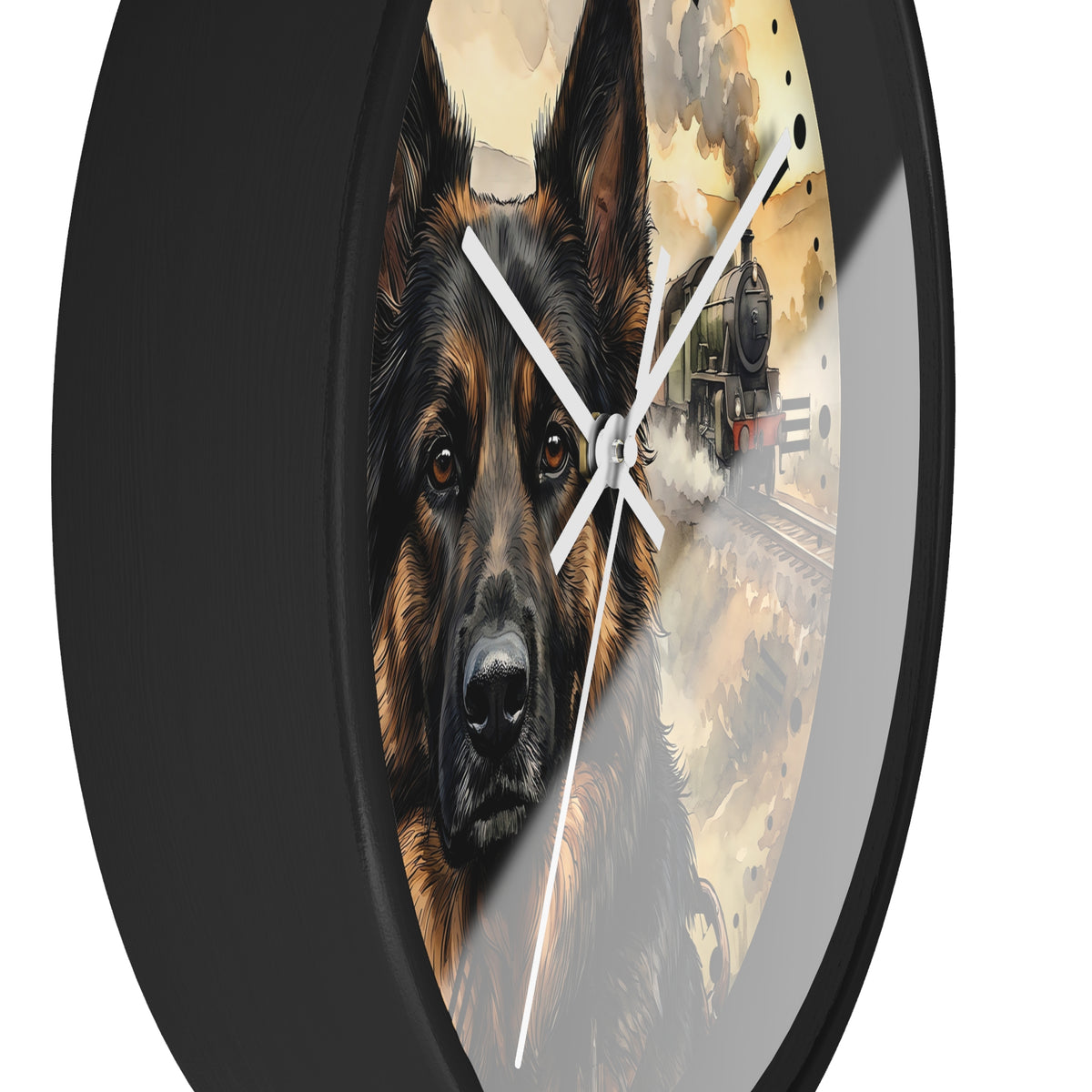A round wall clock with a black frame and a printed design featuring a German Shepherd dog portrait on the left half and a vintage train scene on the right half, shown against a plain white background.