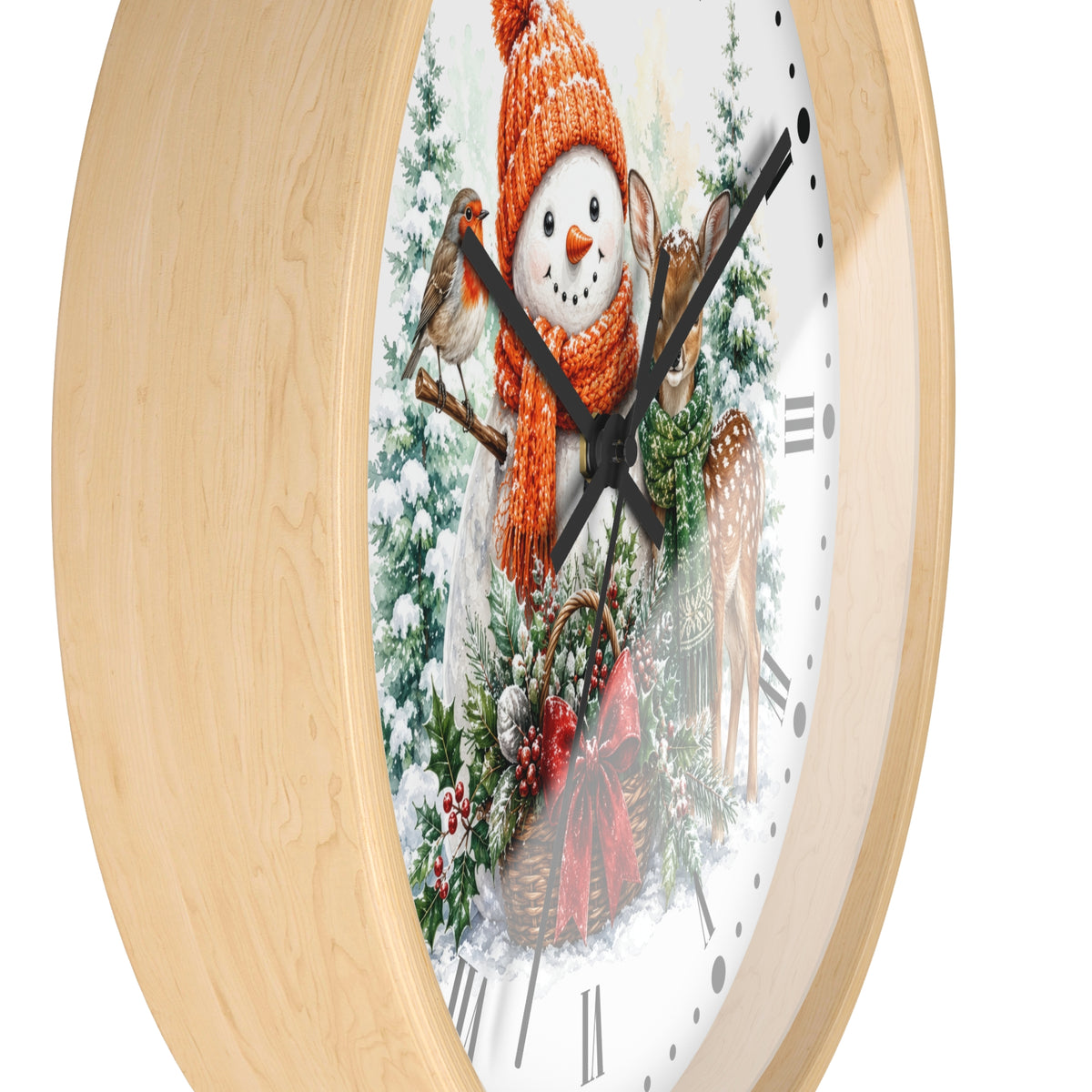Holiday Snowman Robin Bird & Fawn Wall Clock — Festive Christmas Decor