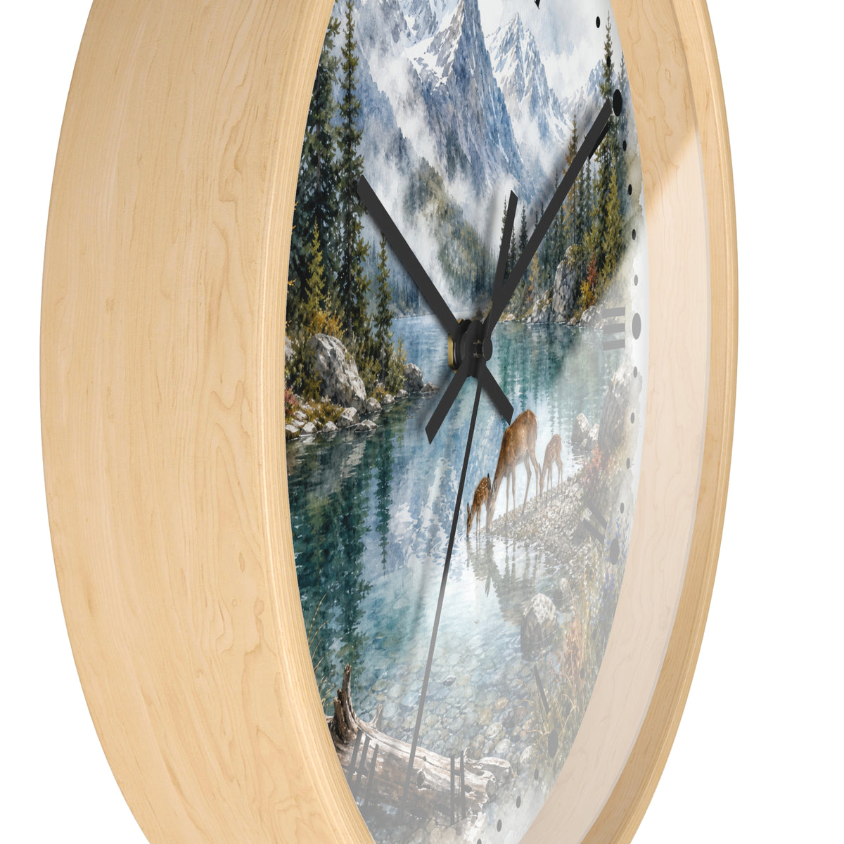 Round wall clock with a light natural wood frame and a scenic mountain lake print featuring deer on the dial, shown against a plain white background.