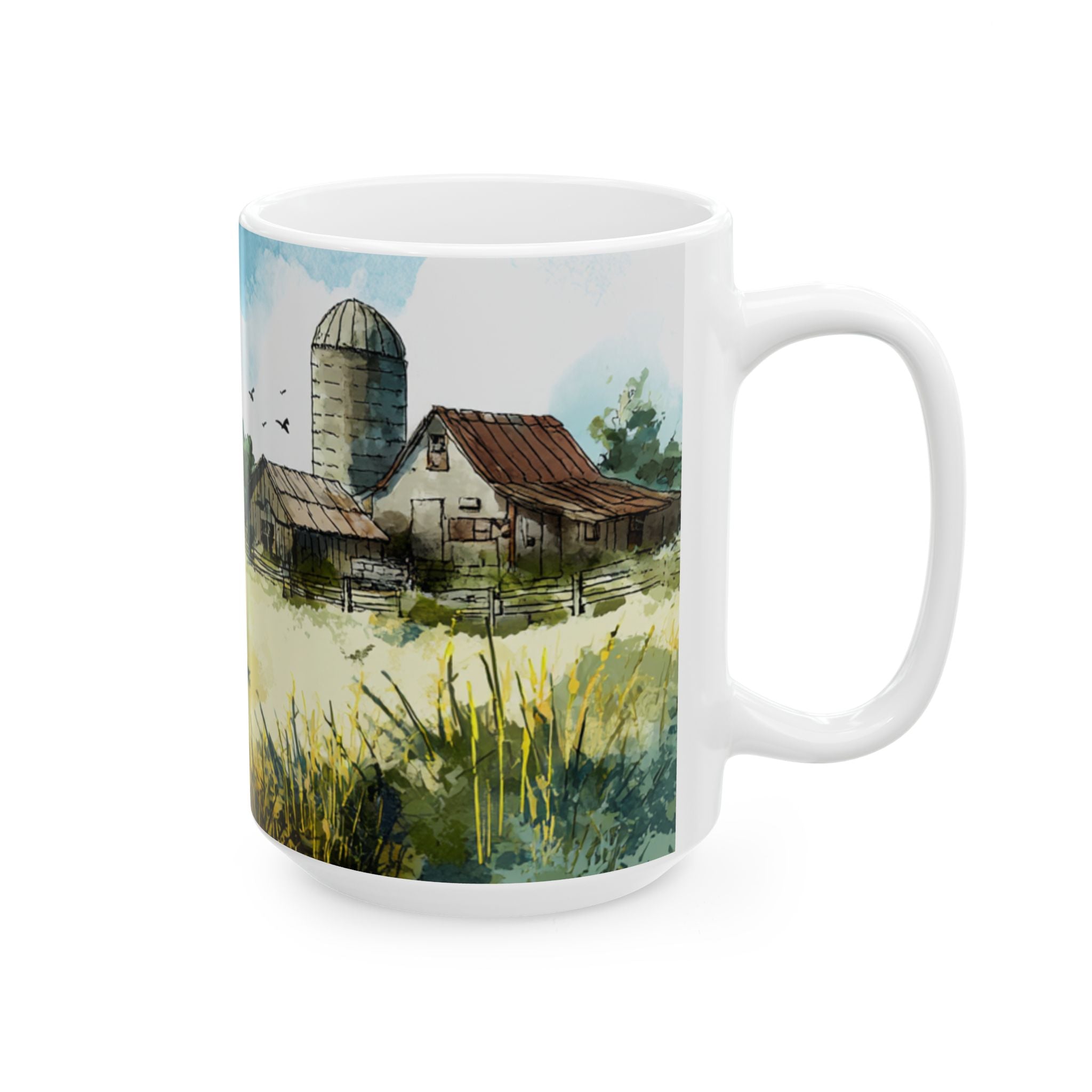 Mug with a scenic design of a barn and silo on a white background