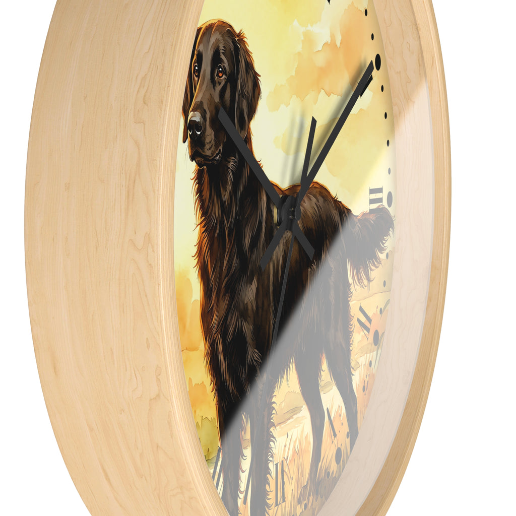 Round wall clock with a light natural wood frame and a printed illustration of a long-haired dark brown dog on a yellow and cream background, shown against a white backdrop.