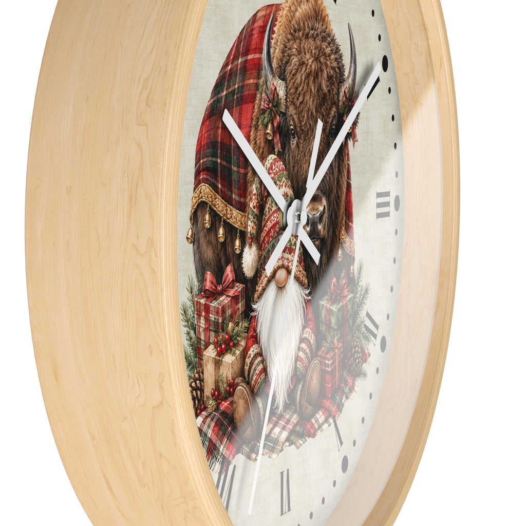 Christmas Buffalo & Gnome Wall Clock – Rustic Holiday Decor