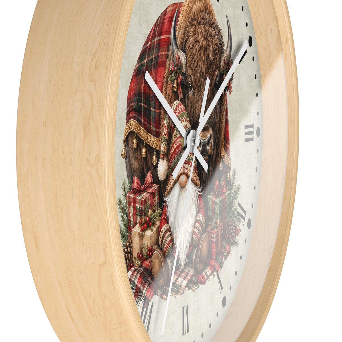 Christmas Buffalo & Gnome Wall Clock – Rustic Holiday Decor