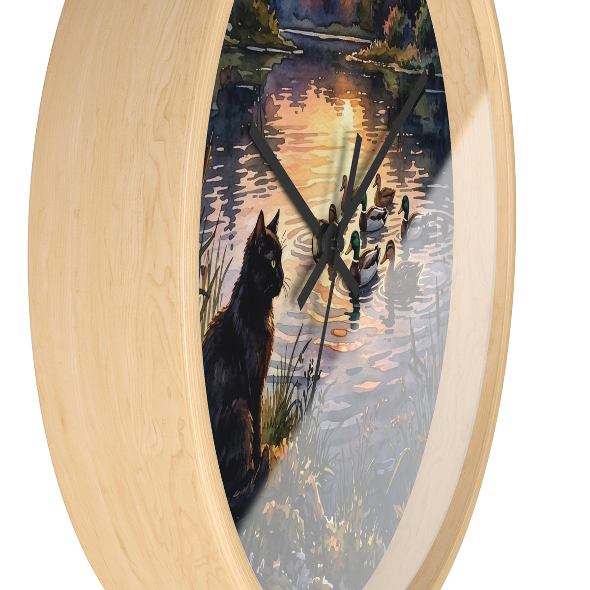 Black Cat and Ducks at Sunset Lake Wood Wall Clock
