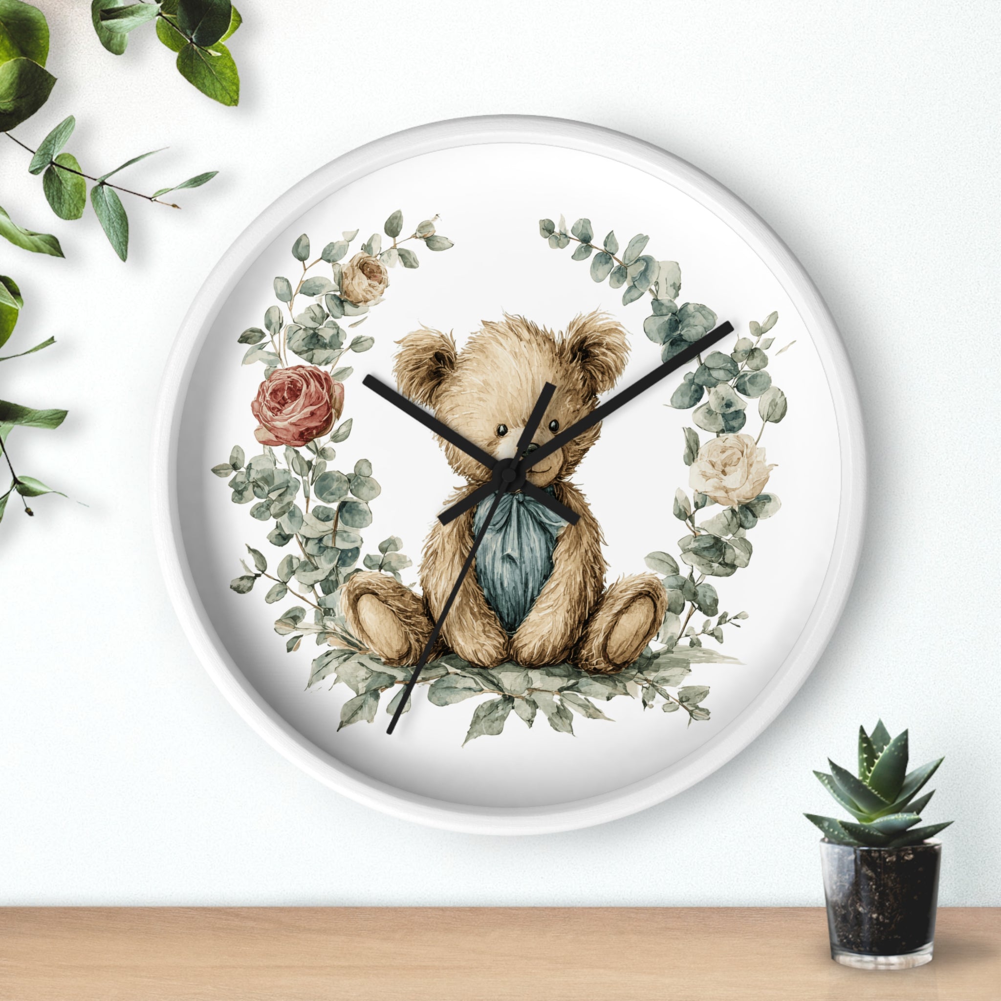 Teddy Bear Floral Wall Clock - Multiple Colors — Nursery Decor Clock with Soft Vintage Illustration