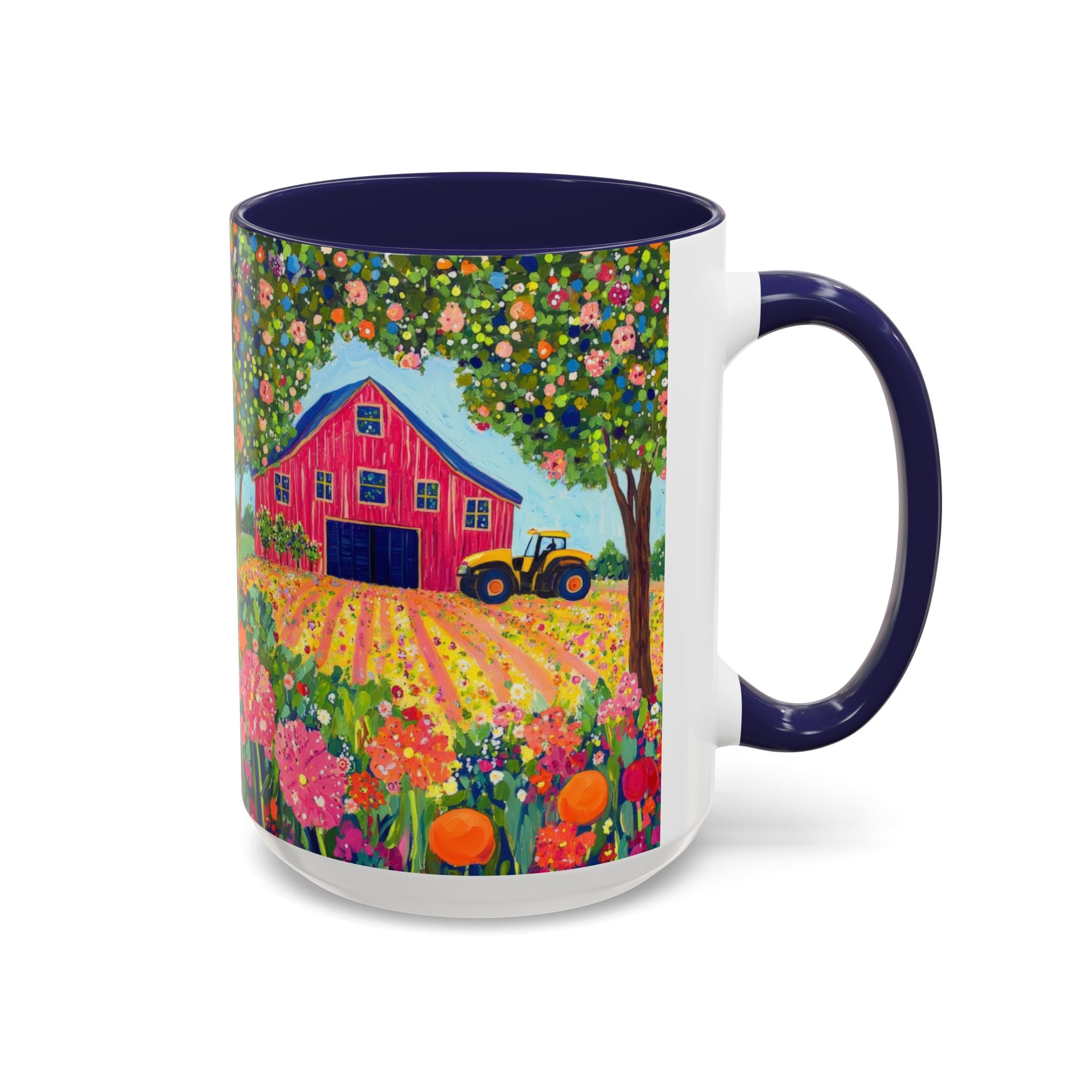 Mug with a colorful design of a red barn, tractor, and flowers on a white background