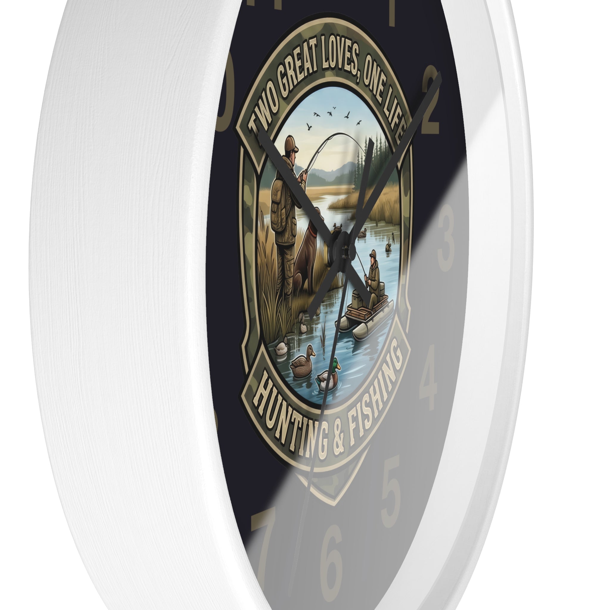 Hunting & Fishing Wall Clock — “Two Great Loves, One Life” Rustic Outdoors Decor