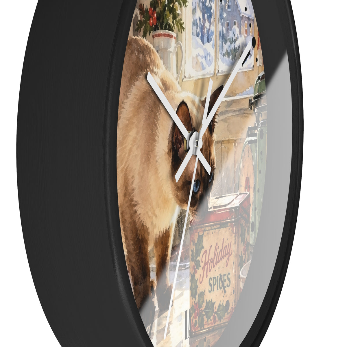 Retro Holiday Spice Siamese Cat Wood Wall Clock - Cat Lover Kitchen Decor