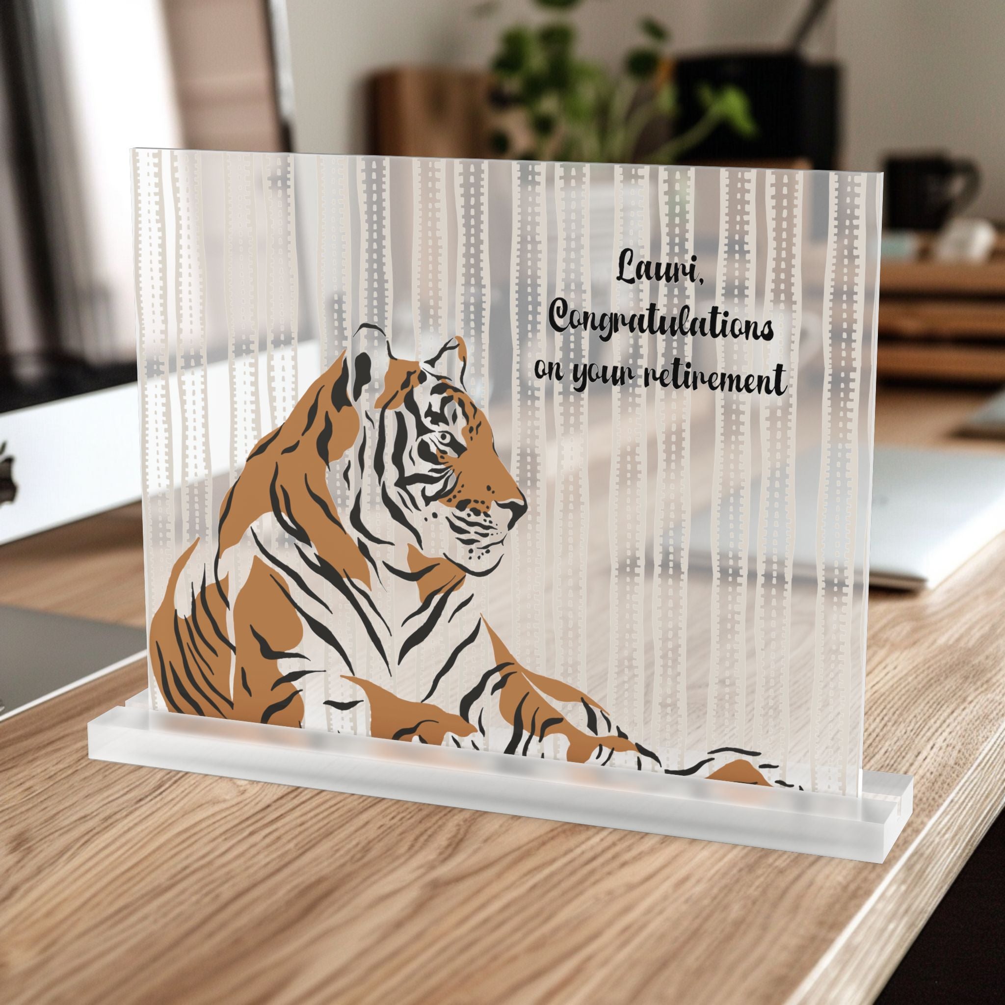 Tiger Acrylic Table Sign — 'Congrats on Your Retirement' Decorative Desk Plaque