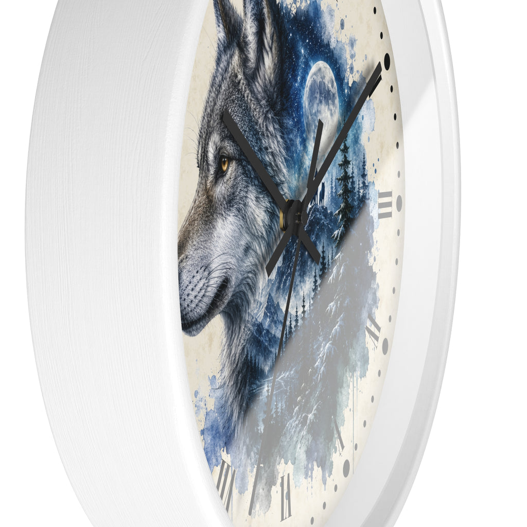 A round wall clock with a white frame and a printed wolf illustration on the face. The design shows a gray and white wolf in profile against a blue watercolor-style background with a moon and trees, black clock hands, and black Roman numerals on an off-white dial.