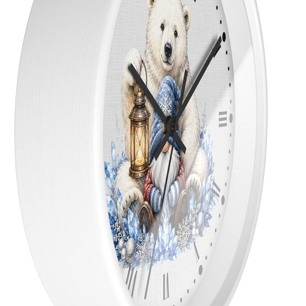 Polar Bear & Gnome Winter Wall Clock — Rustic Holiday Nursery Decor