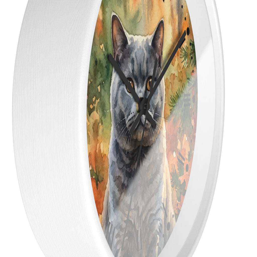 Watercolor Gray Russian Blue Cat in Autumn Pines Wood Wall Clock