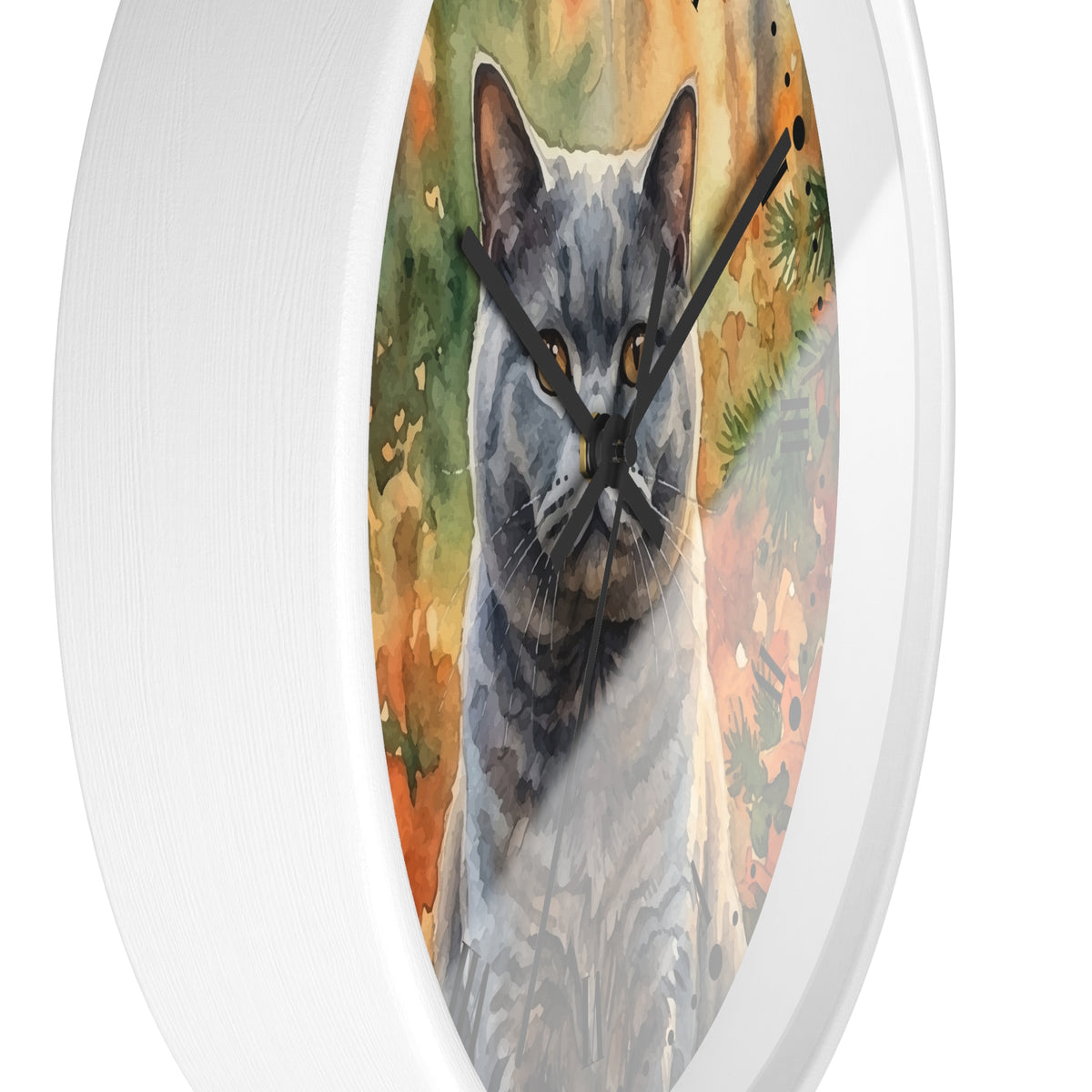 Watercolor Gray Russian Blue Cat in Autumn Pines Wood Wall Clock