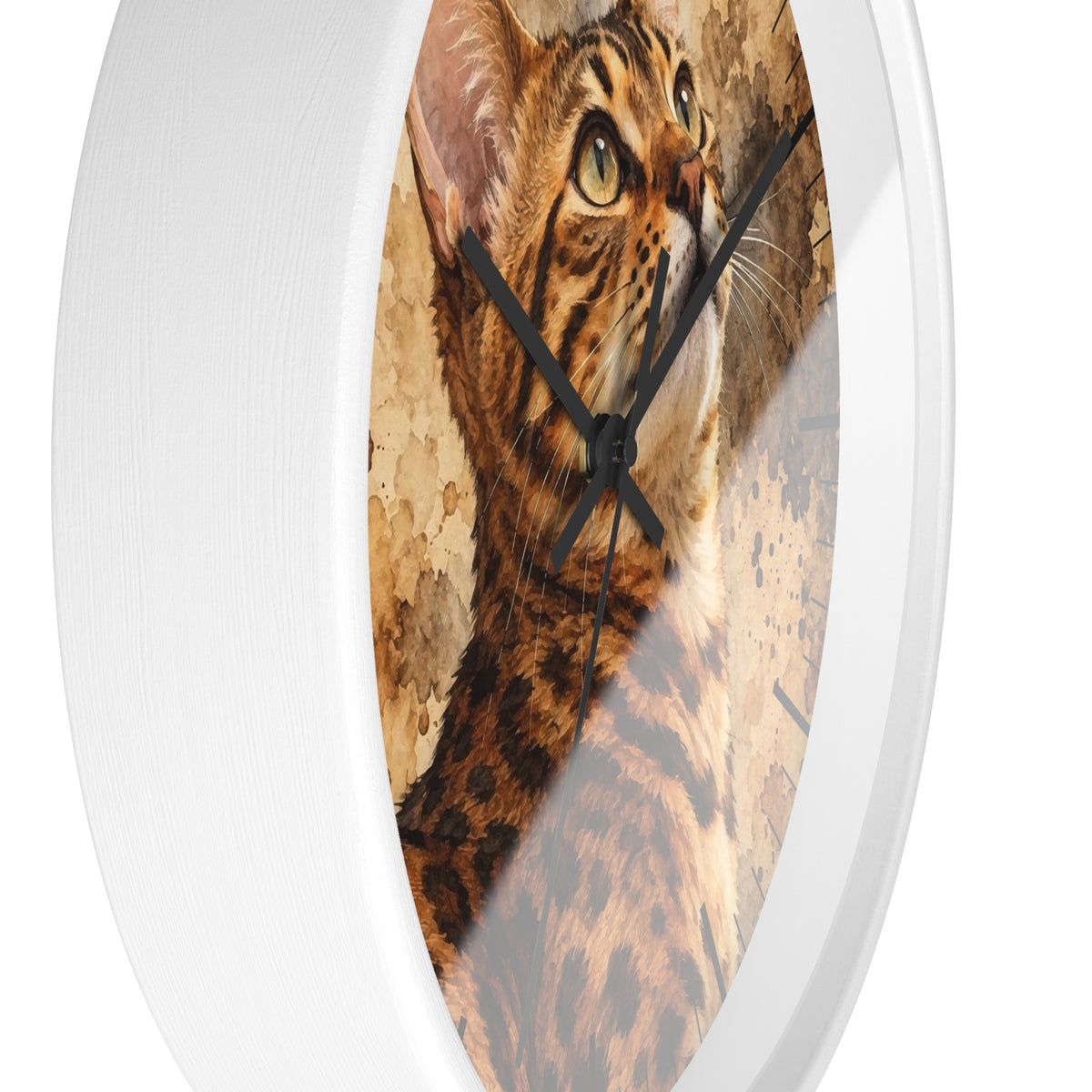Round wall clock with a white frame and a printed cat face and fur pattern on the face, shown against a plain white background.