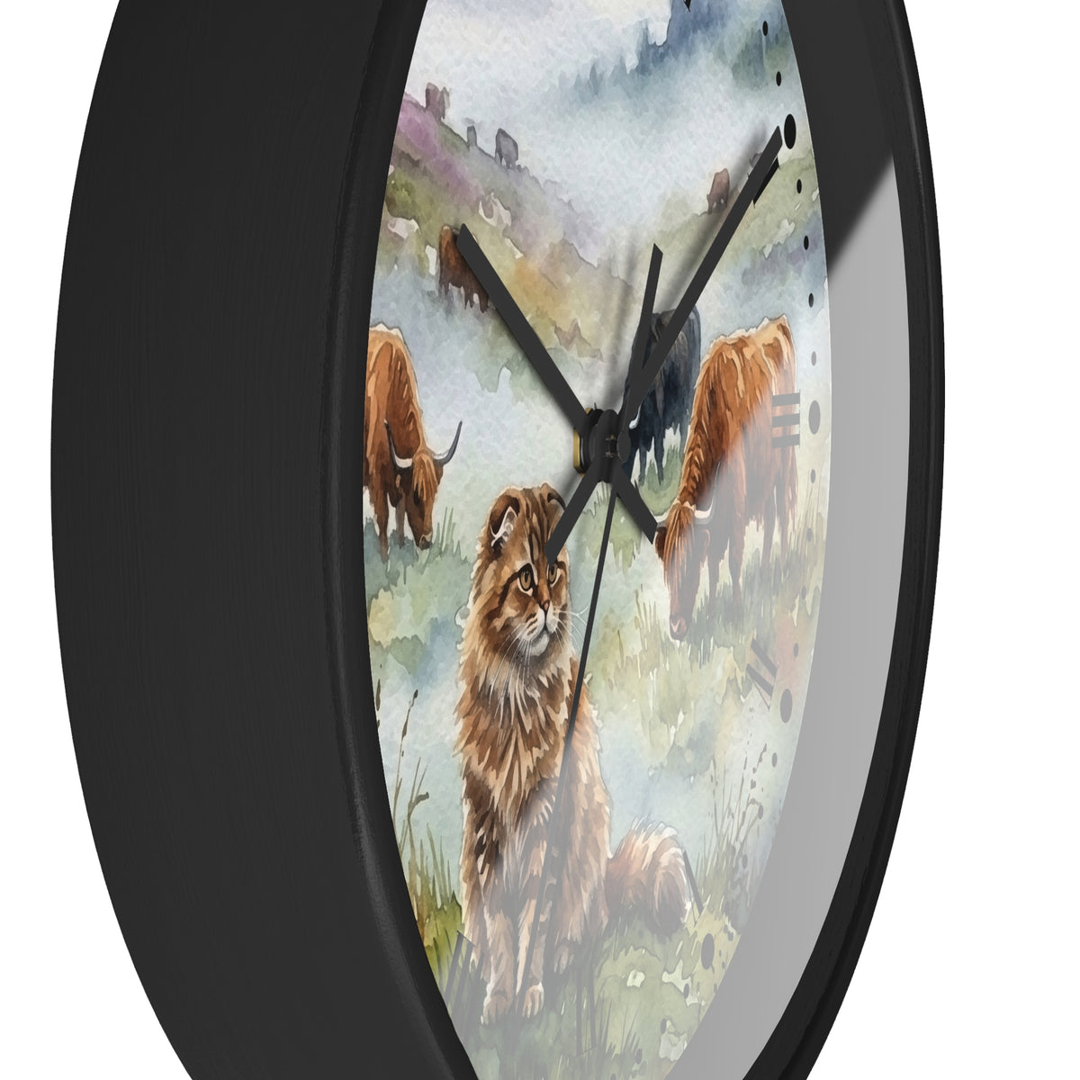 Highland Cattle and Scottish Fold Cat Watercolor Wood Wall Clock