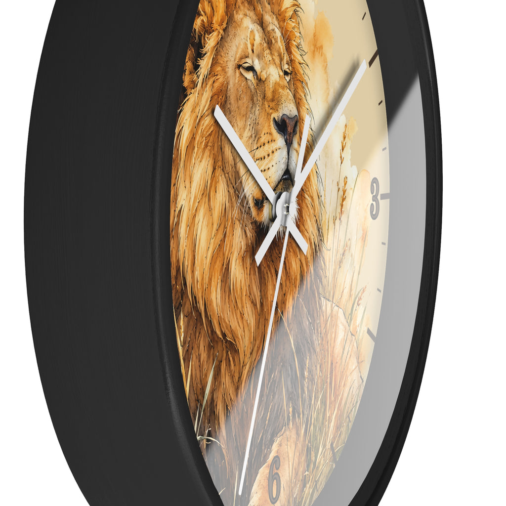 A round wall clock with a black frame and a printed lion face on the dial, shown against a plain white background.