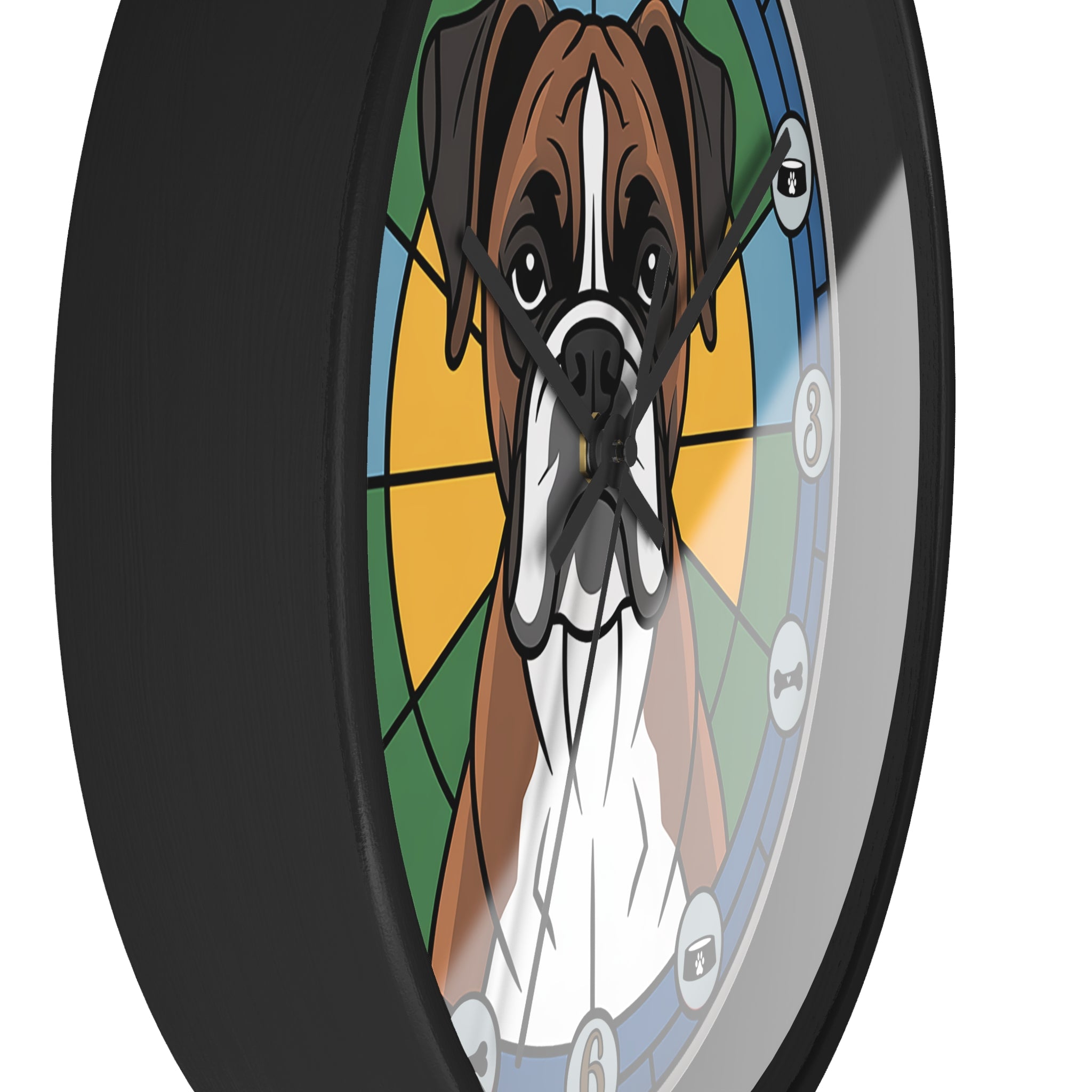 Wall clock with a design of a boxer dog in a stained glass style
