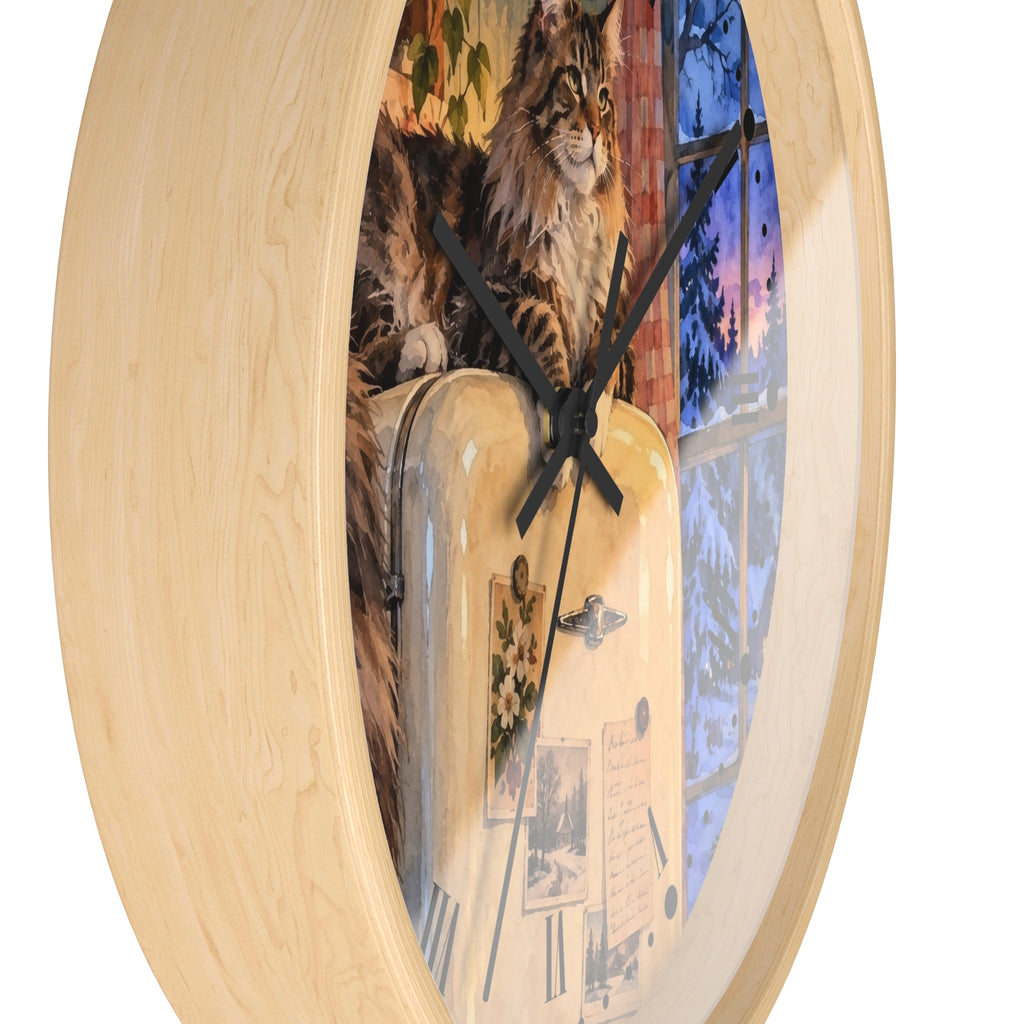 Vintage Main Coon Winter Window Wood Wall Clock