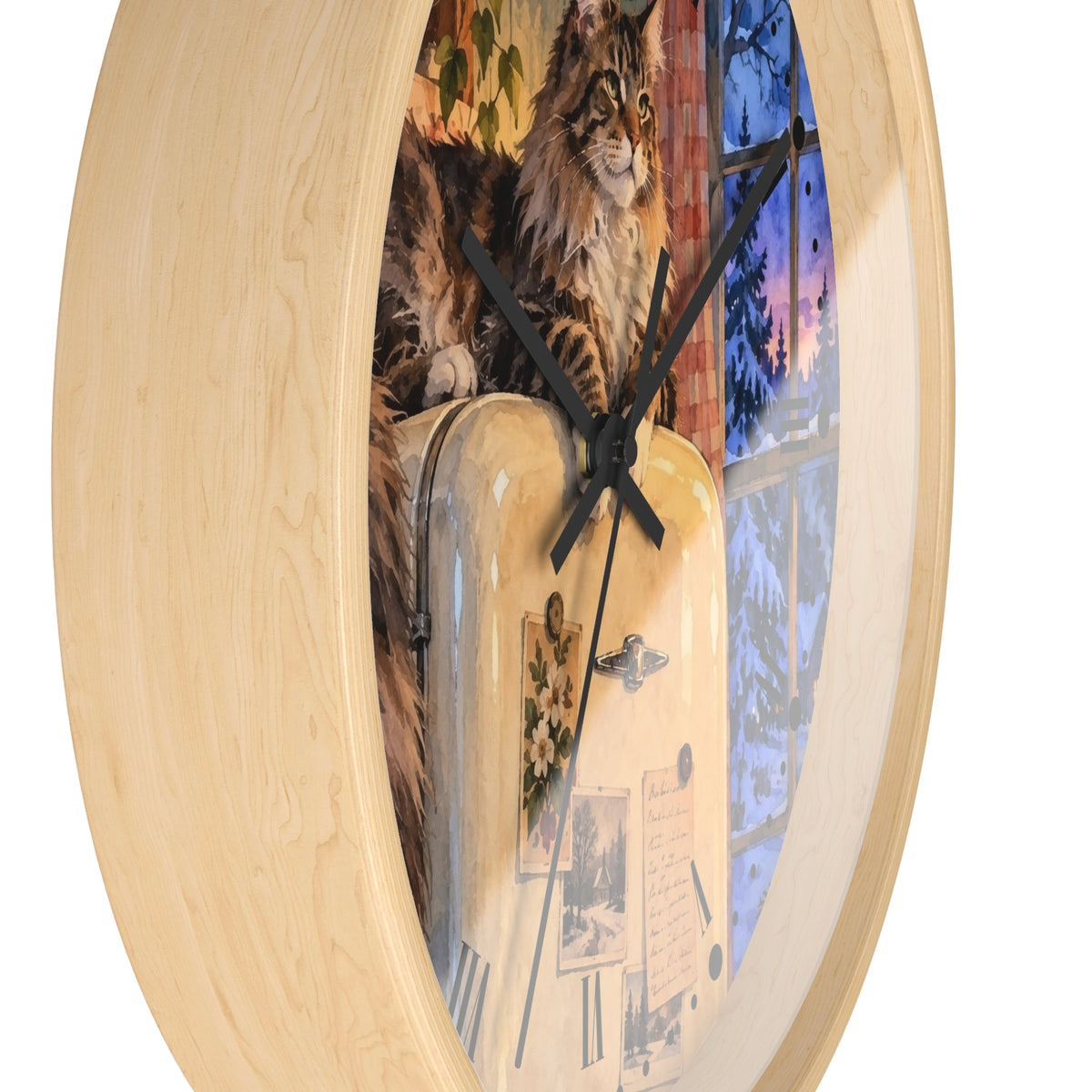 Vintage Main Coon Winter Window Wood Wall Clock
