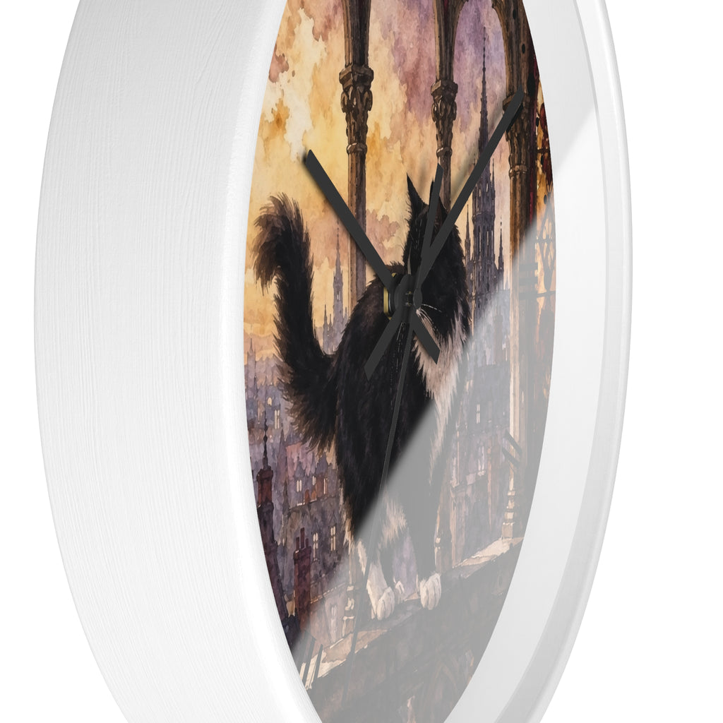 Gothic Black Tuxedo Cat Cathedral Wood Wall Clock