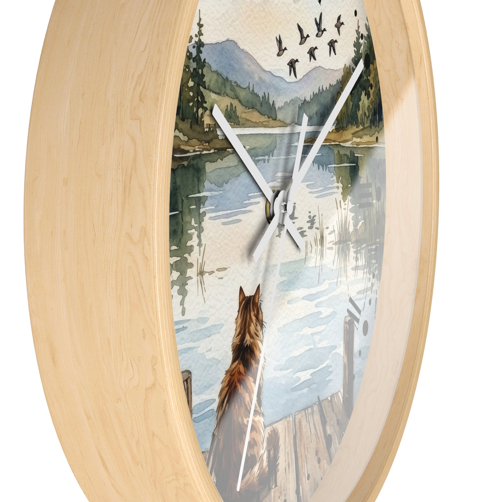 Lakefront Cat Watching Ducks Wall Clock —  Scenic Animal Decor