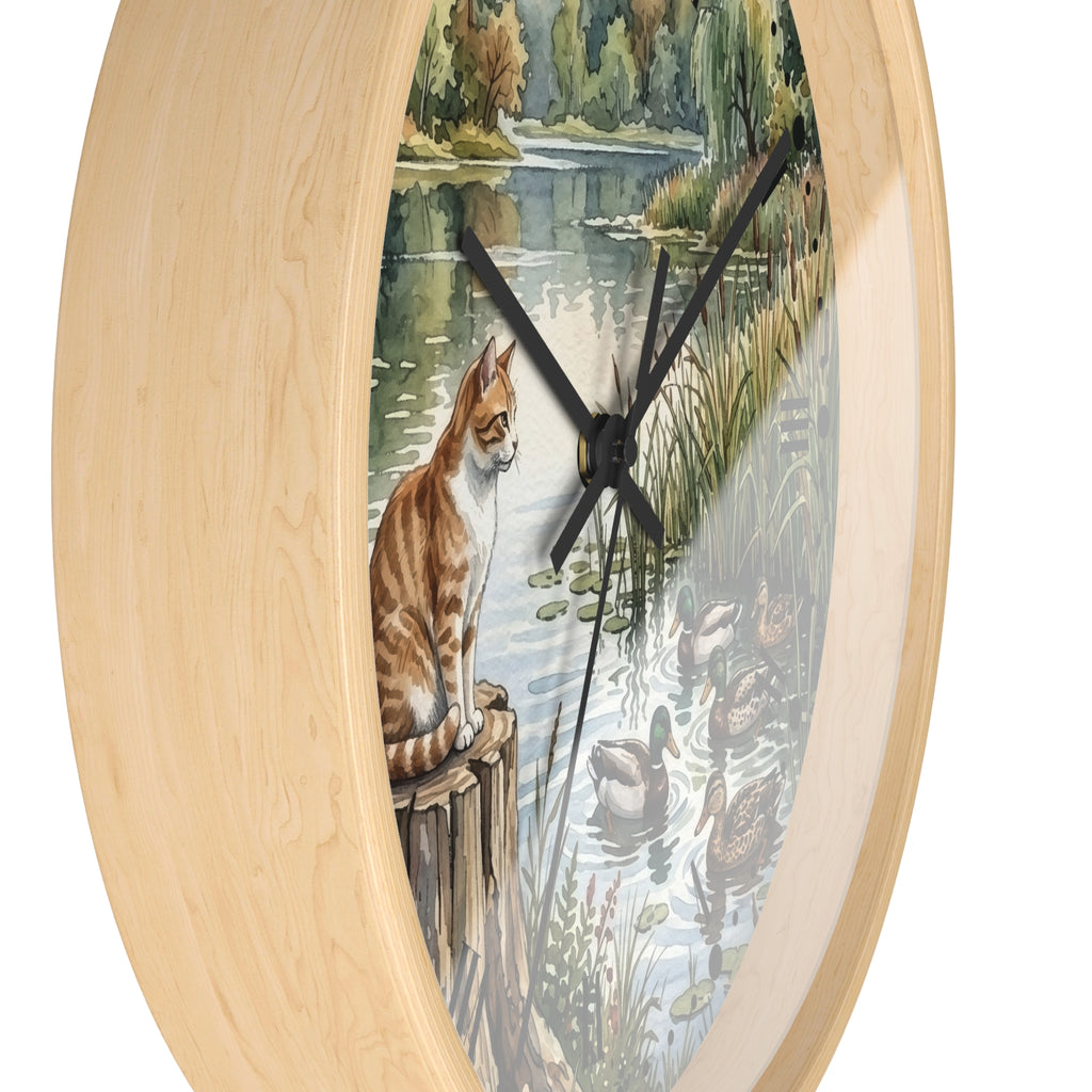 Orange Tabby by the Lake Wall Clock –  Cat & Ducks Scenic Decor