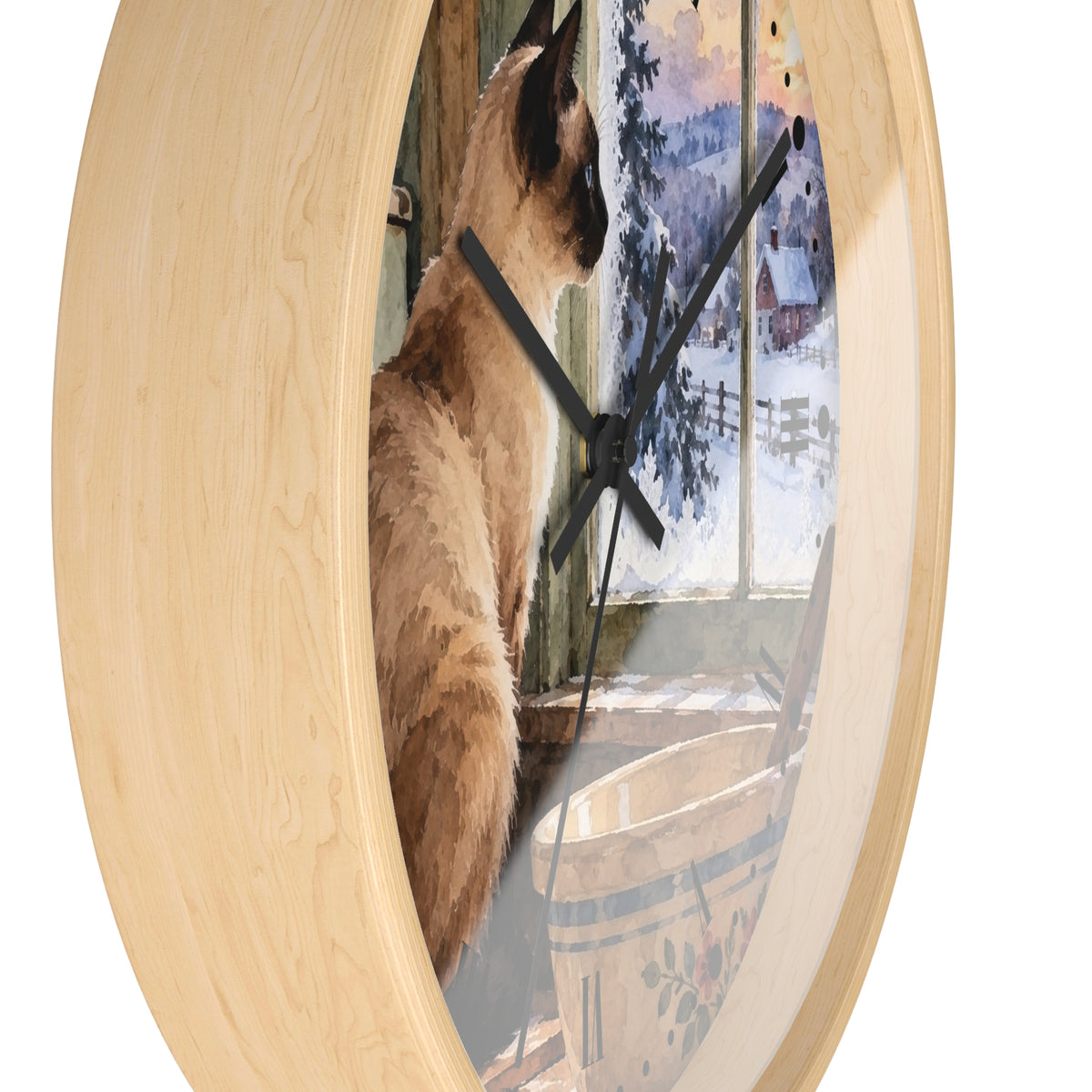 Siamese Cat by the Winter Kitchen Window Wood Wall Clock