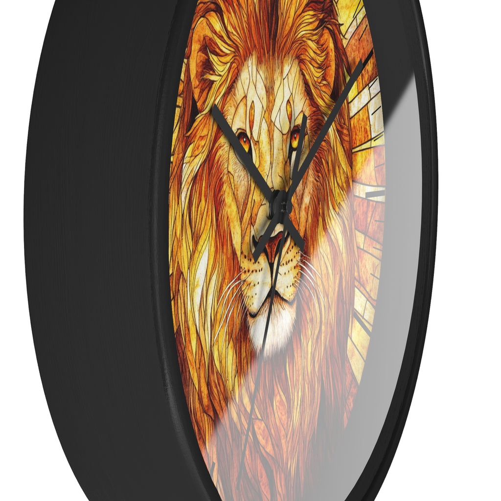 A round wall clock with a black frame and a printed lion face design on the face, featuring black clock hands against a white background.