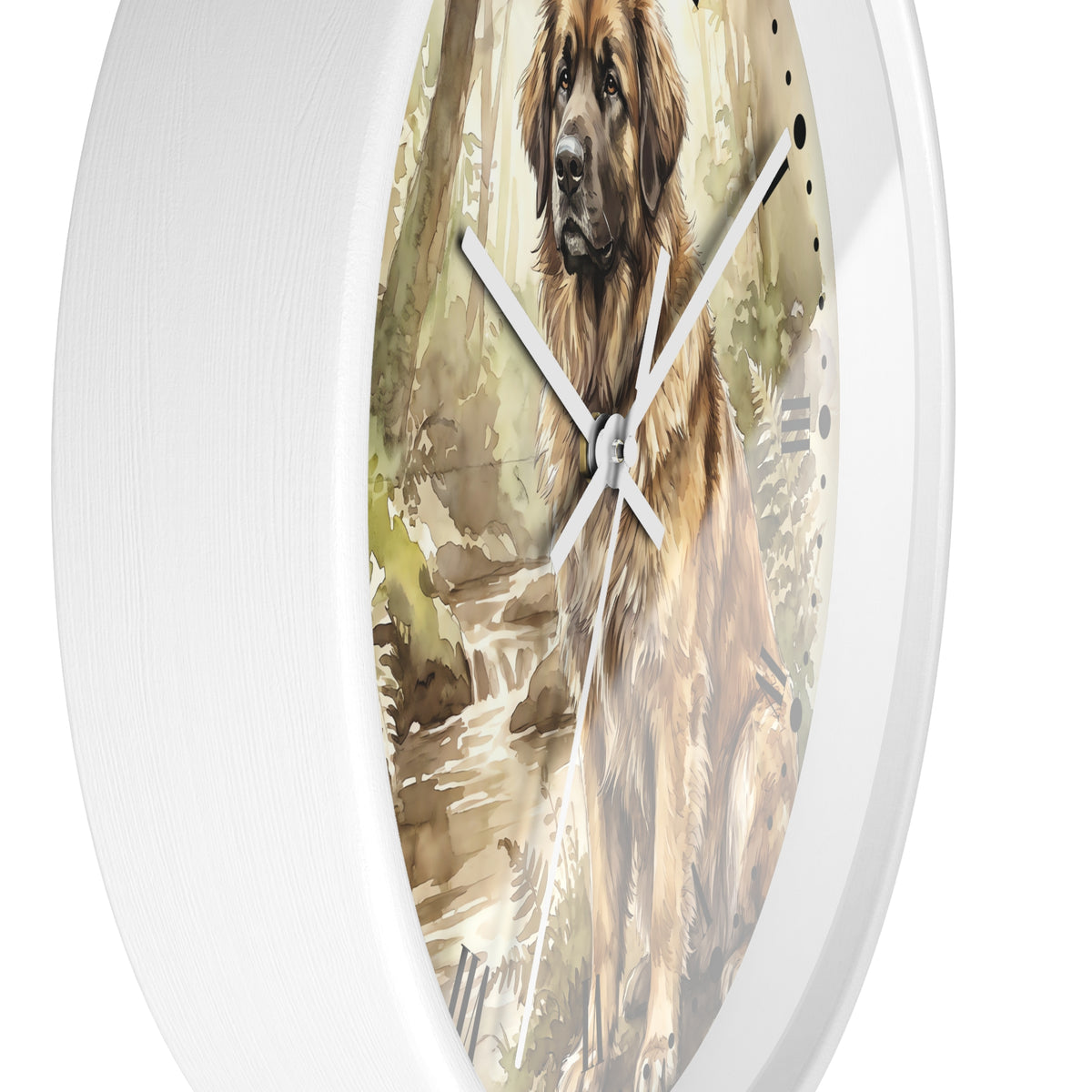 Round wall clock with a white frame and a printed watercolor-style illustration of a Leonberger dog on the face, shown against a plain white background.