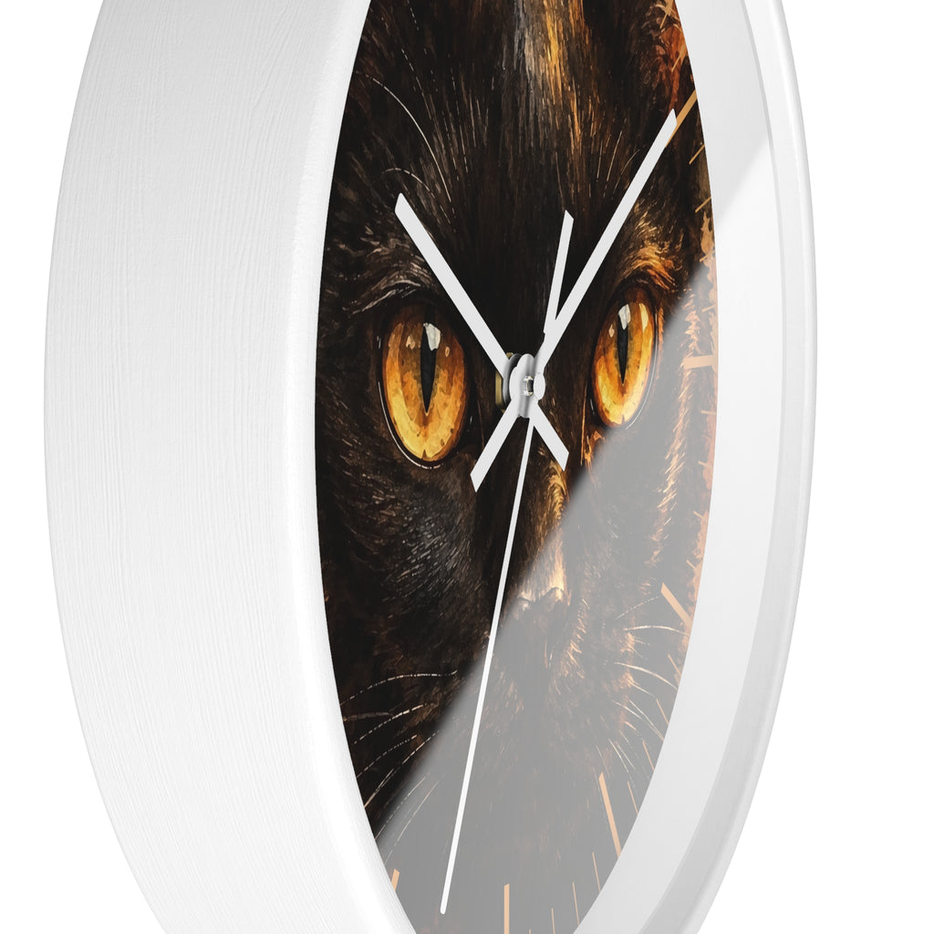 Watercolor Black Cat Wood Wall Clock - Cheetah Print Background