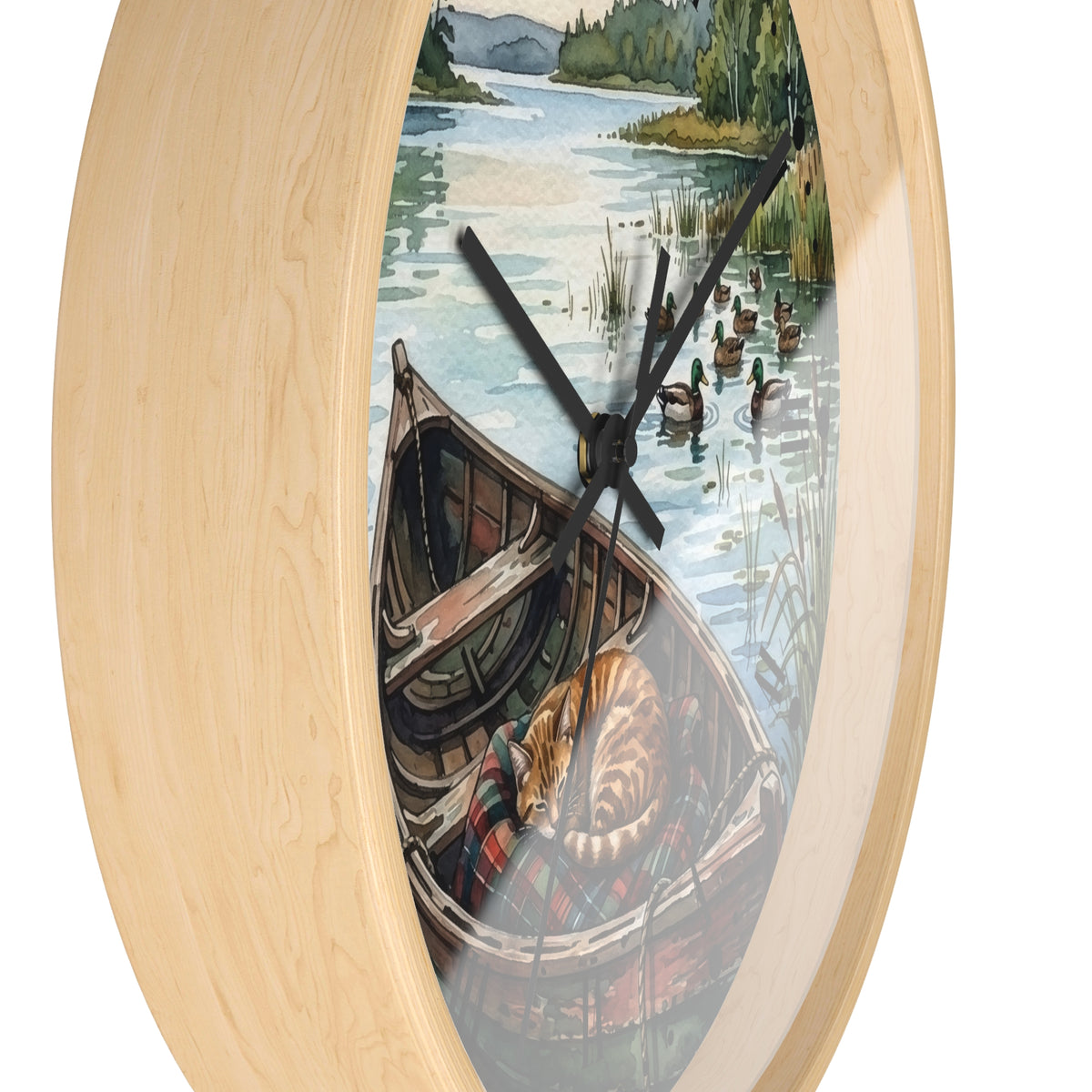 Oval wall clock with a light natural wood frame and a scenic illustration of a lake, ducks, and a rowboat on the face, shown against a plain white background.