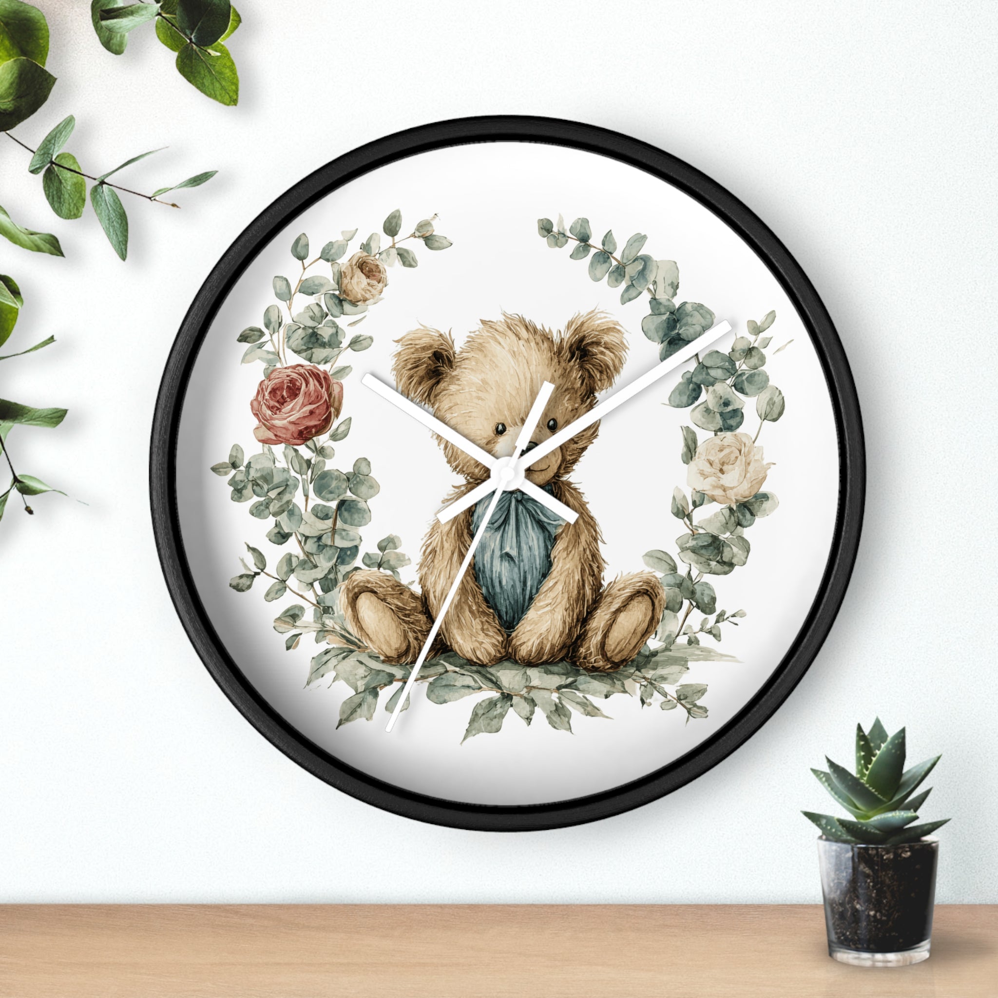 Teddy Bear Floral Wall Clock - Multiple Colors — Nursery Decor Clock with Soft Vintage Illustration