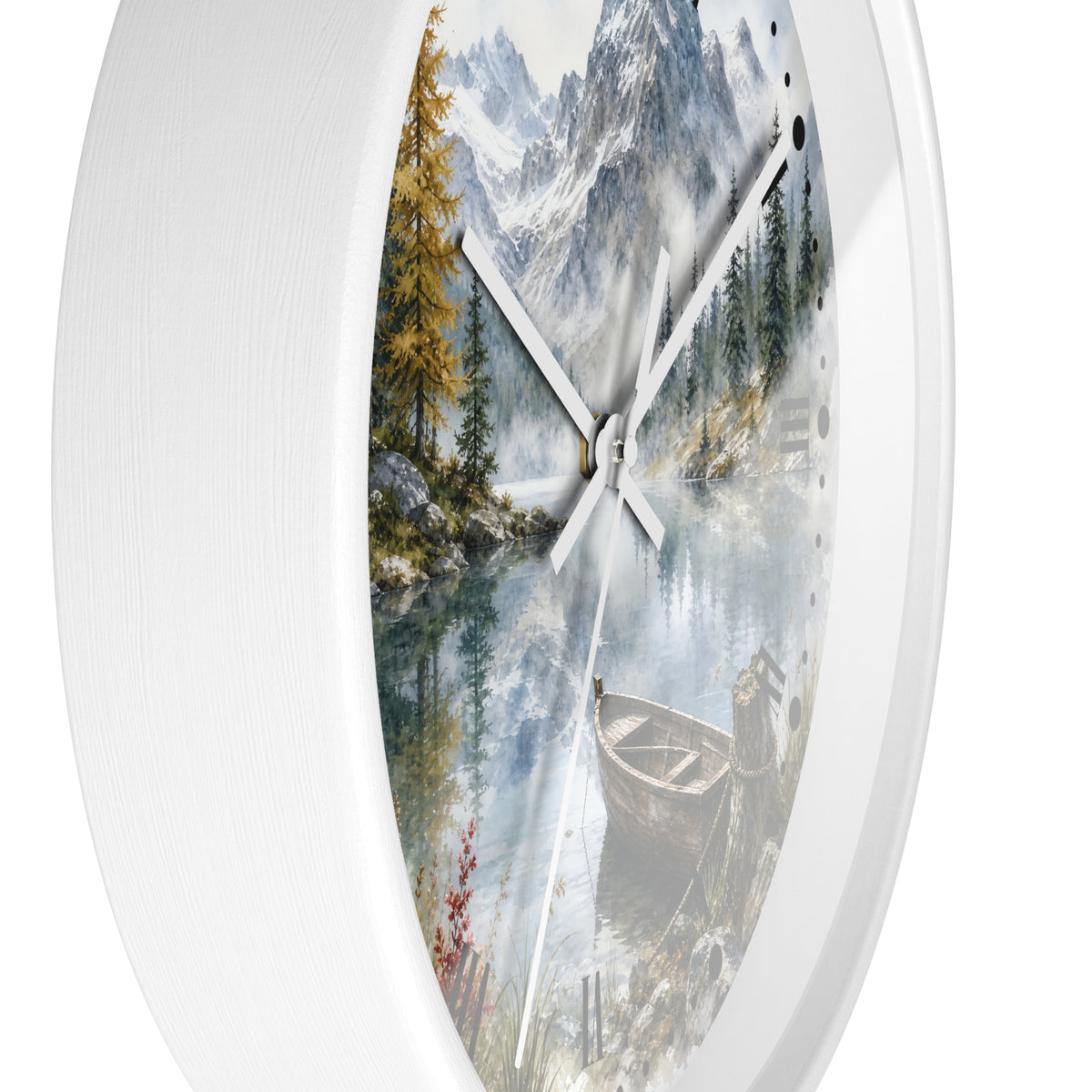 Round white wall clock with a scenic mountain lake print on the face, featuring pine trees, snowy peaks, and a rowboat, with white clock hands.