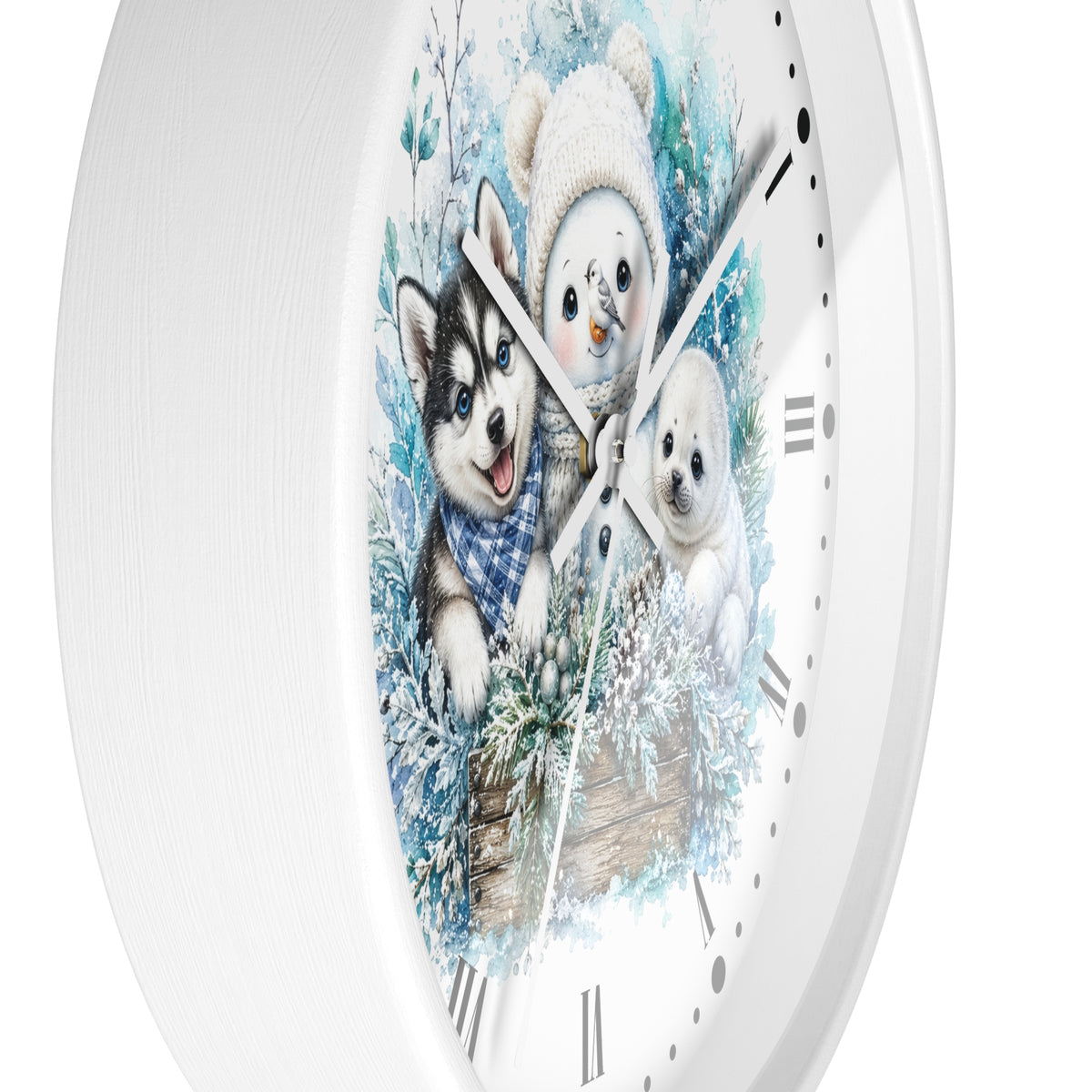 Winter Friends Wall Clock — Snowman, Husky & Seal Holiday Decor