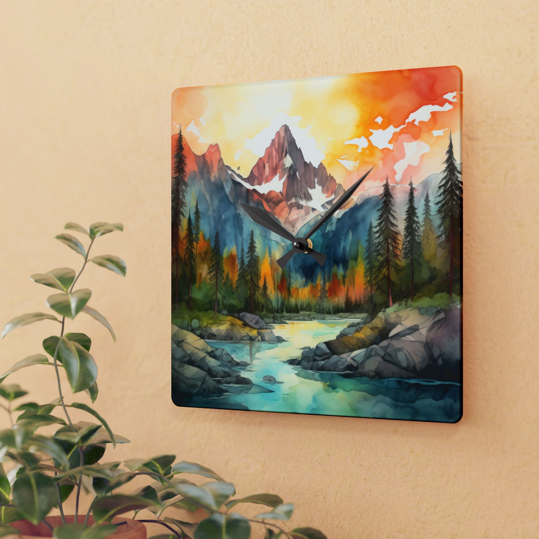 Mountain River Acrylic Wall Clock — Watercolor Landscape Home Decor